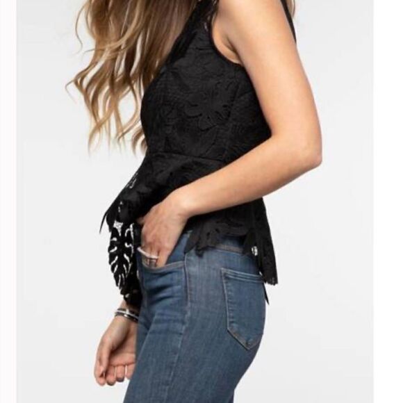 MILLY LENA PALM LACE EMBROIDERY SLEEVELESS PEPLUM BLOUSE IN BLACK S NWT - Picture 4 of 9